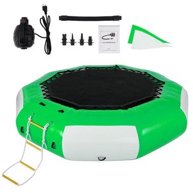 VEVOR Inflatable Water Trampoline 10FT , Round Inflatable Water Bouncer with 4-Step Ladder, Water Trampoline in Green and White for Water Sports.