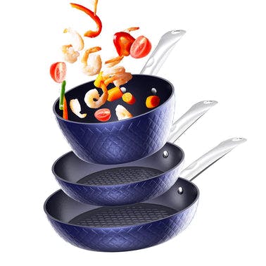 Frying Pan Sets Non Stick 3Pieces; Blue 3D Diamond Cookware; 20/24cm Frying Pan; 18cm Saucepan - Pots and Pans Set; Aluminum Ceramic Coating - Suitable for Induction Hob Oven